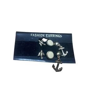 Vintage Gold Tone Earrings Set of 3 Birds Round Inset Anchor Nautical Pierced